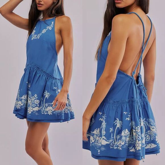 Free People Dresses & Skirts - Nwt Free People Deserted Island Mini Dress Blue Floral Halter Rope